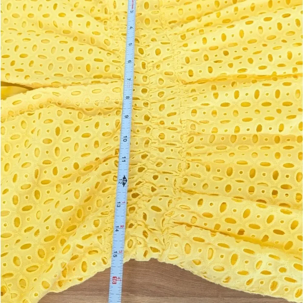 Anthropologie The Somerset Eyelet Mini Dress Womens L Yellow V-neck Short Sleeve